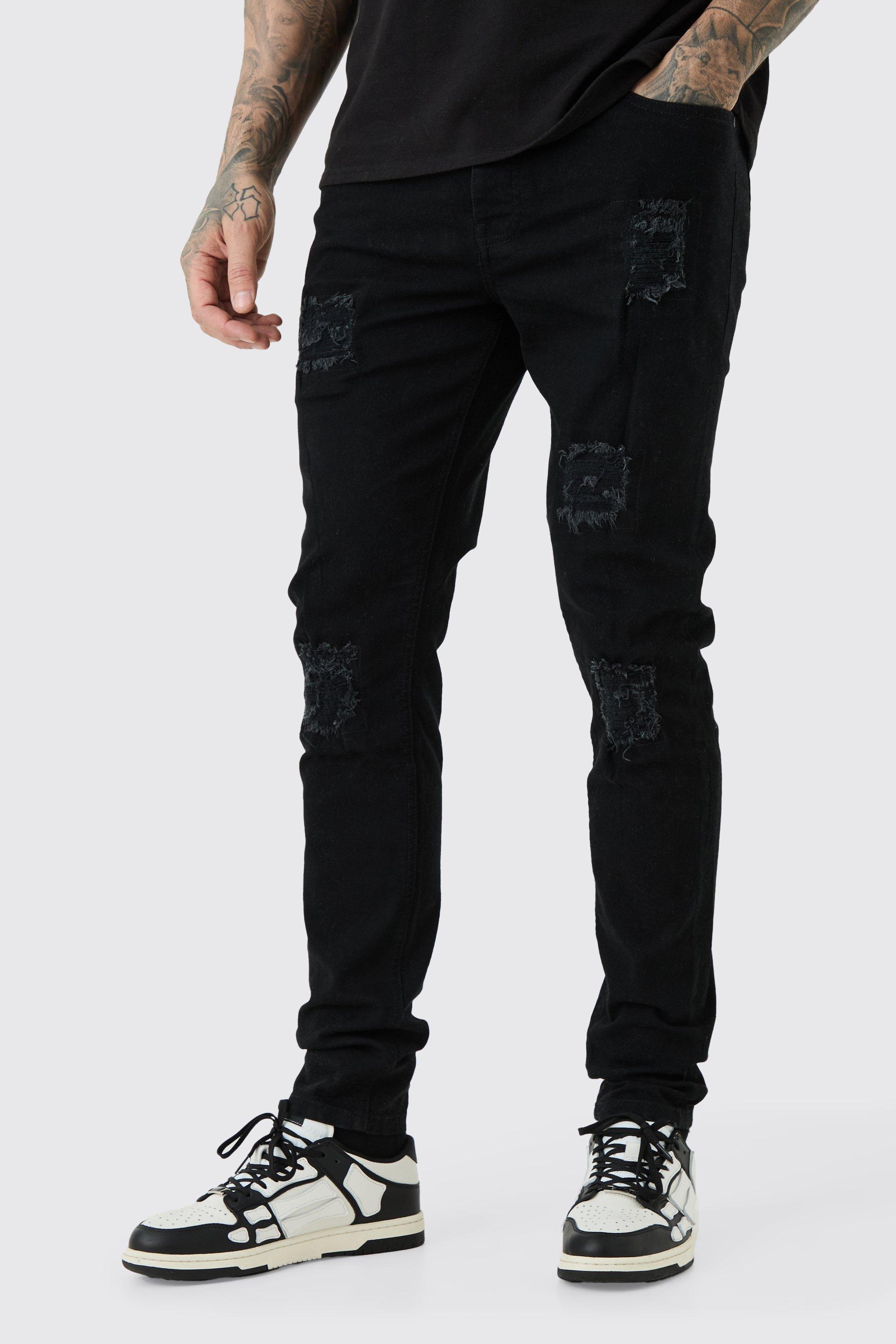 Mens Black Tall Skinny Stretch Rip And Repair Jean, Black